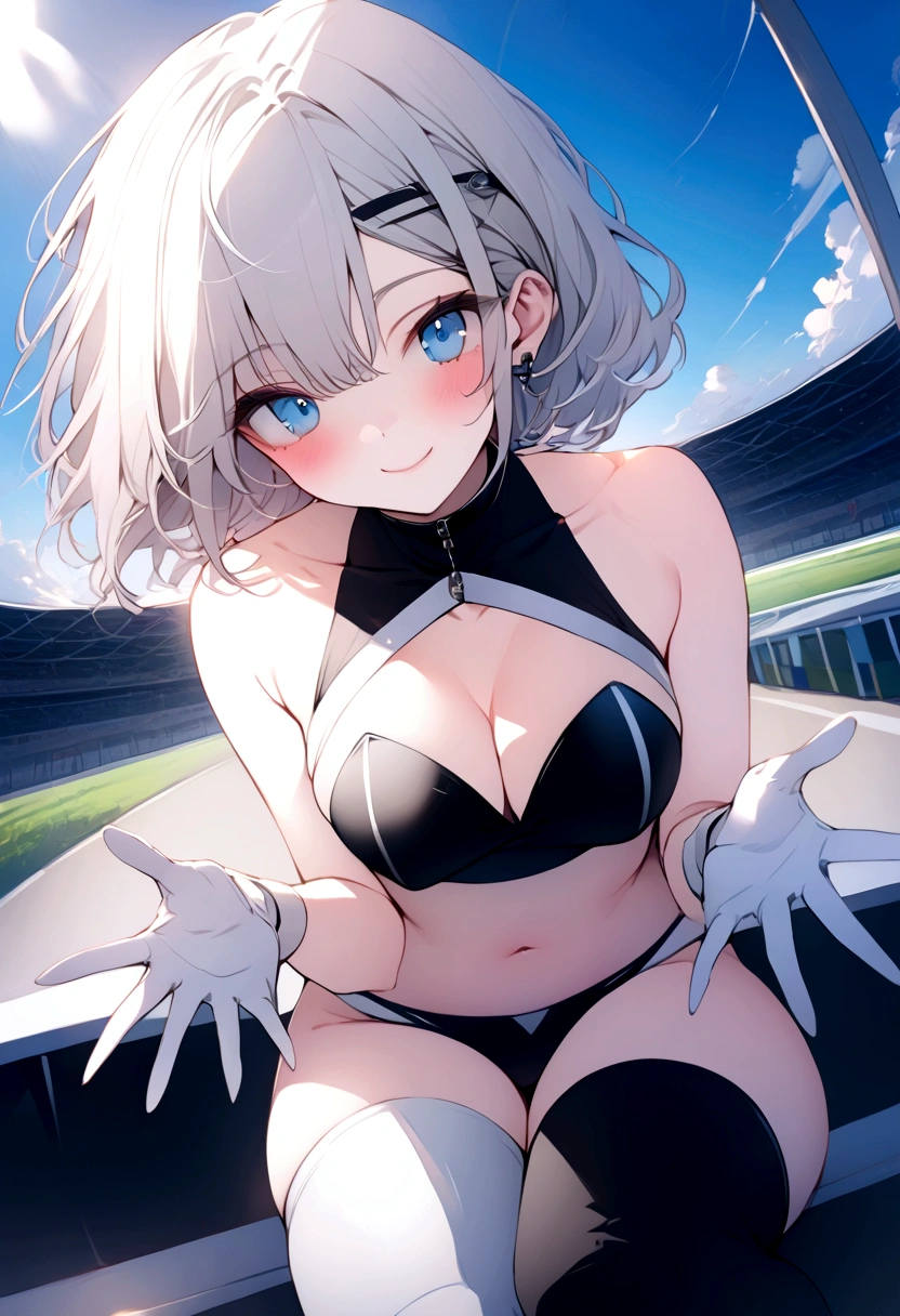 beautiful, masterpiece, Highest quality, anime, One girl, C Cup,Portrait Shot, View your viewers, Intricate details,>,((Covered、Short Hair、nearby、Blue Eyes、art、、White hair,Blue streaked hair、wallpaper、、hairpin、smile、Thighs、navel、Black and White_Race Queen、Black and White_Gloves、Black and White_Knee-high boots、、Shooting from an angle、wave hands、blue sky、Racetrack