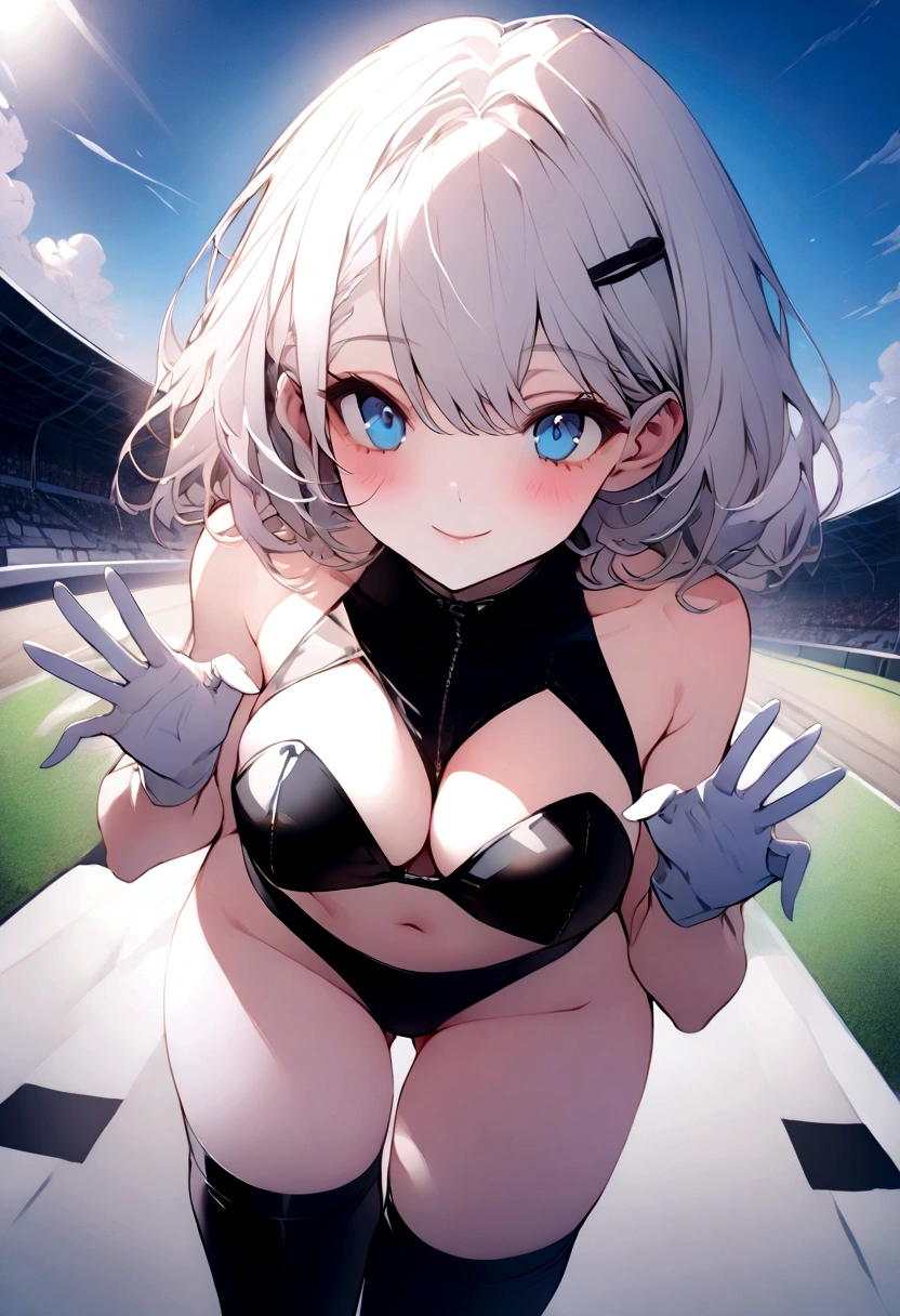 beautiful, masterpiece, Highest quality, anime, One girl, C Cup,Portrait Shot, View your viewers, Intricate details,>,((Covered、Short Hair、nearby、Blue Eyes、art、、White hair,Blue streaked hair、wallpaper、、hairpin、smile、Thighs、navel、Black and White_Race Queen、Black and White_Gloves、Black and White_Knee-high boots、、Shooting from an angle、wave hands、blue sky、Racetrack