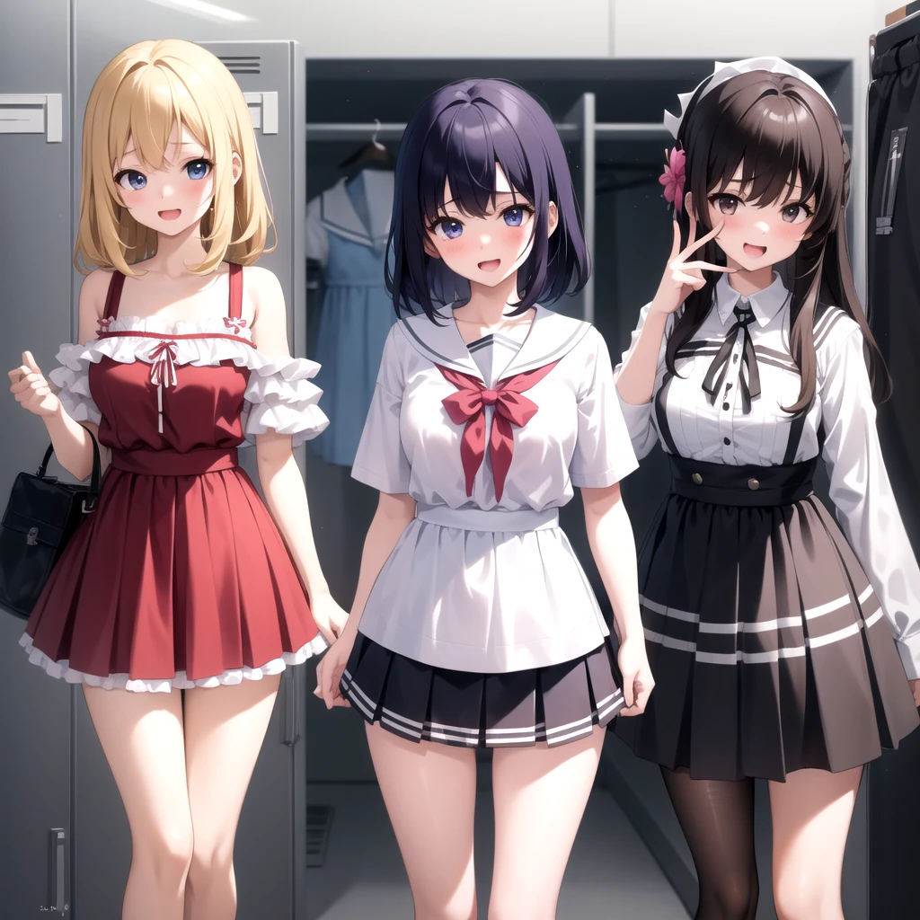 locker room, multiple girls, , serafuku, 
dressing, talking, :d, 2girls,, masterpiece, best quality, highly detailed、Stripes々Panties、Skirt fully visible、