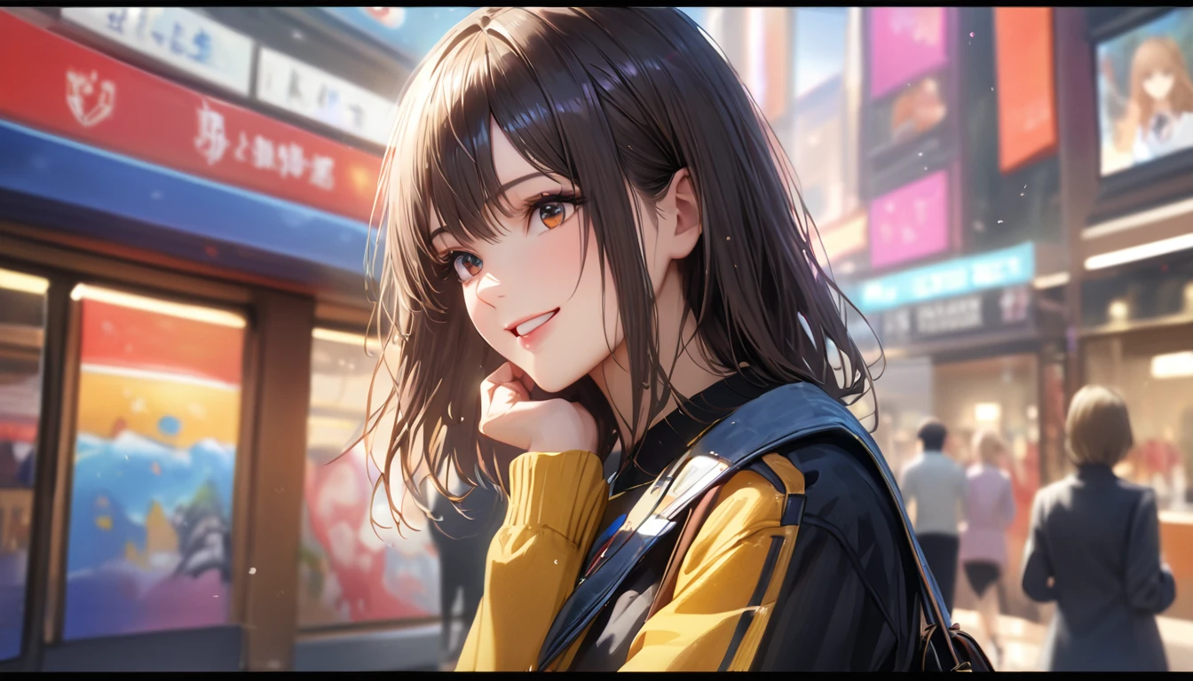 Shinjuku, Cute casual clothes,On a date,Blur the background,High school girls,smile,Glitter effect,Highest quality, 4K, 8k, High resolution, masterpiece:1.2, Very detailed, Realistic:1.37, High resolution, 超High resolution, Ultra-fine painting, Sharp focus, Physically Based Rendering, Very detailedな説明, Professional, Vibrant colors