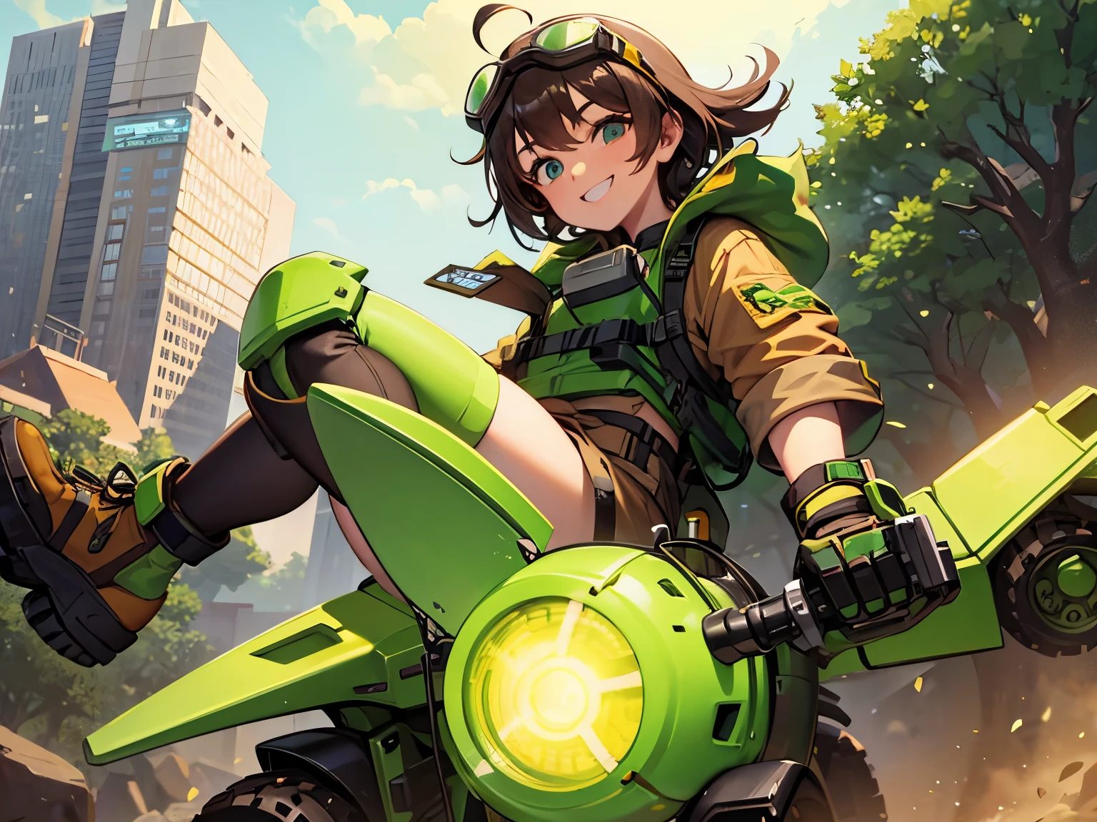 A girl wearing a green power loader,short brown hair,smile,goggles, 