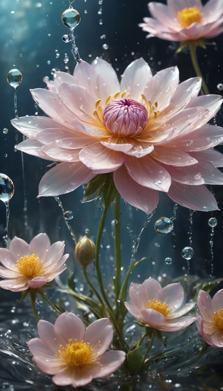 (((Exquisite detail:1.4))), (((Very crazy details:1.4))),(((Highest quality:1.3))), (((Soft-colored 4K high-definition digital art:1.3))). | Close-up of delicate water splashes forming a magical flower, Water splashes reflect light, Each splash is meticulously drawn、It is expressed by a magnificent gouache technique.,I was enveloped in a mysterious atmosphere of light and shadow art., Water splashes everywhere, Great environment, Subtle illumination,Fantasy Art Behance,Surreal, Capturing its beauty and strength,Creates a solemn atmosphere.