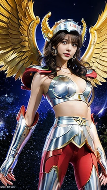 masterpiece, Highest quality, 超High resolution, Realistic skin texture, Armature, (Realistic:1.4), High resolution, RAW Photos, 1 Girl, Shiny skin, (Detail Skin:1.2), Realistic skin texture, Best lighting, Wearing red pants, (Perfect breasts:1.3), Shine, Mech Armor, (short hair:1.2), (Pegasus Seiya:1.2), Wearing a helmet with wings, Dramatic lighting, Dynamic pose, (Greek temple background:1.3), Night Sky, universe, milky way,
