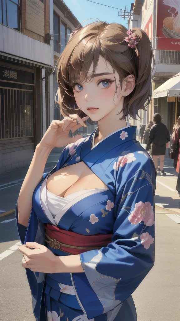 (perfect anatomy:1.2)(absurdres, highres, ultra detailed),masterpiece,best quality,high resolution,8k,Realistic face,Realistic skin texture,magnified textures, stunning clarity,detailed anime girl,(ultra detailed eyes and face),(:1.2),(baby face:1.2),japanese girl,floral printed blue yukata,、(very short hair, two side up:1.4)、tareme,light brown hair:1.2,kanzashi、glamor、short stature、、(bust up:1.4),Steampunk in the Edo Period、(Vivid hieroglyph signs and street advertisements:1.2)、busy、(worried1.4),、hieroglyph,souk、Shopping Street、,(tanned skin:1.3 ),big breasts,look up viewer,round face,Shoulder Bare,(from front:1.2),(cleavage cutout)