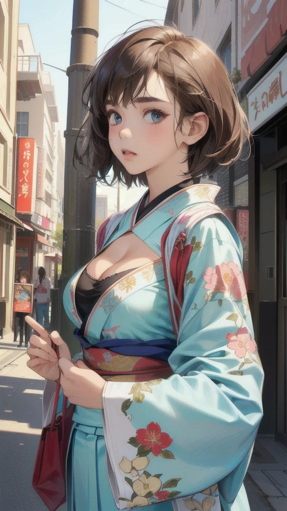 (perfect anatomy:1.2)(absurdres, highres, ultra detailed),masterpiece,best quality,high resolution,8k,Realistic face,Realistic skin texture,magnified textures, stunning clarity,detailed anime girl,(ultra detailed eyes and face),(:1.2),(baby face:1.se girl,floral printed blue yukata,、(very short hair, two side up:1.4)、tareme,light brown hair:1.2,kanzashi、glamor、short stature、、(bust up:1.4),Steampunk in the Edo Period、(Vivid hieroglyph signs and street advertisements:1.2)、busy、(worried1.4),、hieroglyph,souk、Shopping Street、,(tanned skin:1.3 ),big breasts,look up viewer,round face,Shoulder Bare,(from front:1.2),(cleavage cutout)