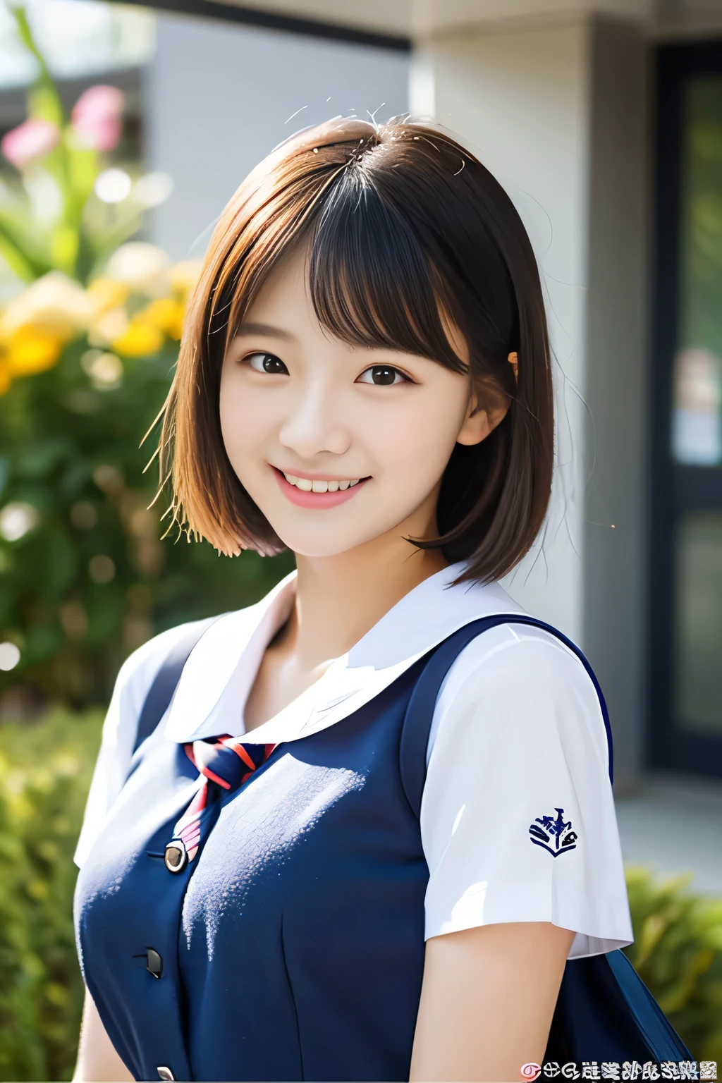 (((full bodyesbian)))、((Girls' High School Uniforms))、((1a person))、short ponytail hair、short bob hair、Close to the subject、((a school flower beds)))、(((ssmile)))、(((Girls' High School)))、((a beauty girl))、((sexy pose))、Photorealsitic、Beautiful detailed eyes、Hyper-Realism、high contrast、Ultra HD、realistic skin textures、Top image quality、top-quality、超A high resolution、Fine details、Very meticulously、well-endowed round bosom, bokeh