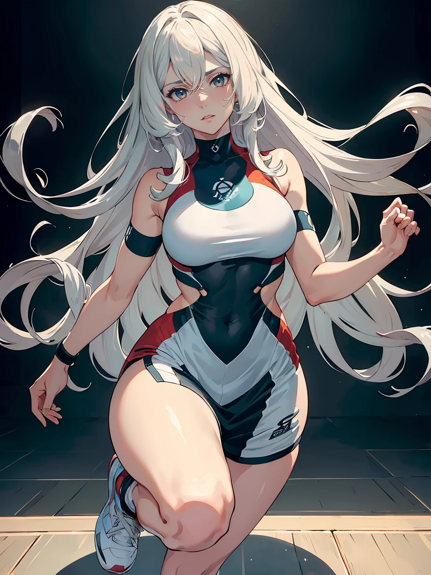 handsome mature woman,Long wavy white hair,Hyperresolution,accuracy,Detailed rendering,(Subtle facial image)(Image of fine hair)(topquality)(Masterpieces of masters)(High degree of completeness)(A sense of atmosphere)tmasterpiece,Super detailed and super detailed(half-body portrait)((Masterpiece, Highest quality)), Detailed face, CharacterDesignSheet, Full of details, Multiple poses and expressions, Highly detailed, Depth, Many parts,Beautiful,Extremely beautiful,High Balance, Natural light, drawn art style, white hair, curly hair down to ankles, ankle length hair, (((Ankle length hair))) (((thick hair))) (((pokemon trainer)))(((Pokemon gym leader))))(((Gym clothes)))(((Sporty outfit)))(((nO DRESS))) (((bAEBALL CAP)))(((Gym outfit)))(((Workout outfit)))(((Portrait)))(((Looking fierce)))(((Fierce expression)))
