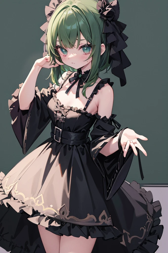 (Gothic ta: 1.4), (Open Short Cape: 1.2), ((bow ribbon, frilld): 1.3), (Green tartan plaid: 1.3), ((White collar, tie): 1.3), (Short sleeve: 1.2) , ((frills skirt, Multi-layer skirt): 1.3), (fishnet tights: 1.2), (gloves: 1.2), ( × hair ornament, hair pin)
