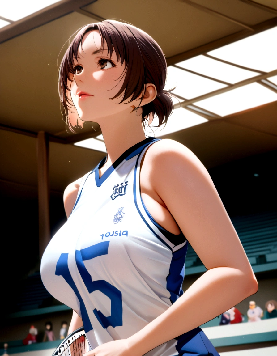 A woman in her fifties wearing a white and blue uniform and holding a tennis racket, Wearing a volleyball jersey, chiho ashima, mayuri shiina, Yoshitomo Nara, Yuki Morita, Kotegawa Yui, erika ikuta, Nishimiya Shoko, mao hamaguchi, Hole in the Motto