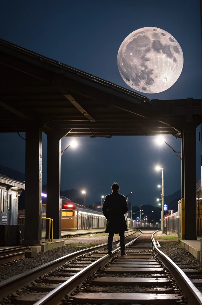 A man standing on the station platform、Beyond the train tracks lies the underworld、Midnight、full moon