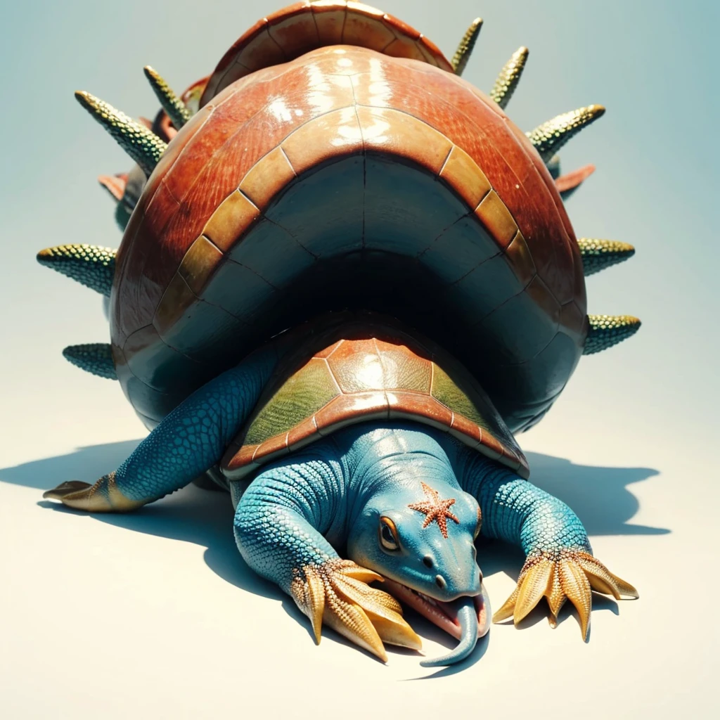 Big Animaly, has gold stripes on his skin, blue eyes, starfish mixed with turtle red, Grassroots, no background
