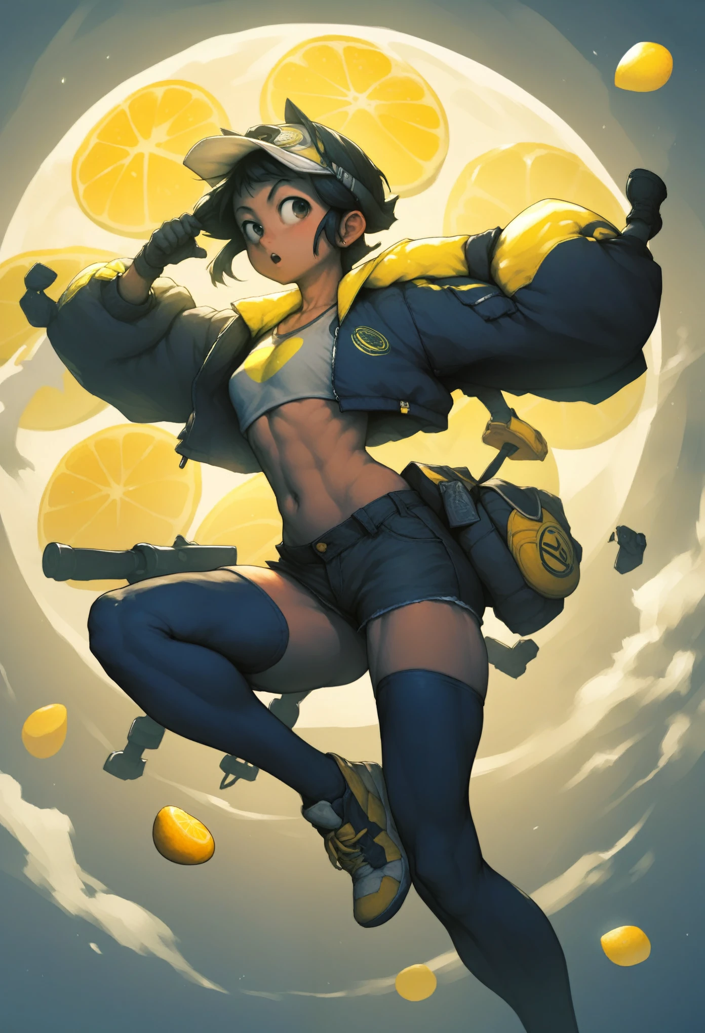 1girl, posing, micro bangs hair, style based on lemon, lemons floating in the air, score_9, score_8_up, score_7_up, score_6_up, score_5_up, score_4_up, rating_sfw, rating_acceptable, anime dark theme, low light, (Masterpiece:1.3) (best quality:1.2) (high quality:1.1), sfw