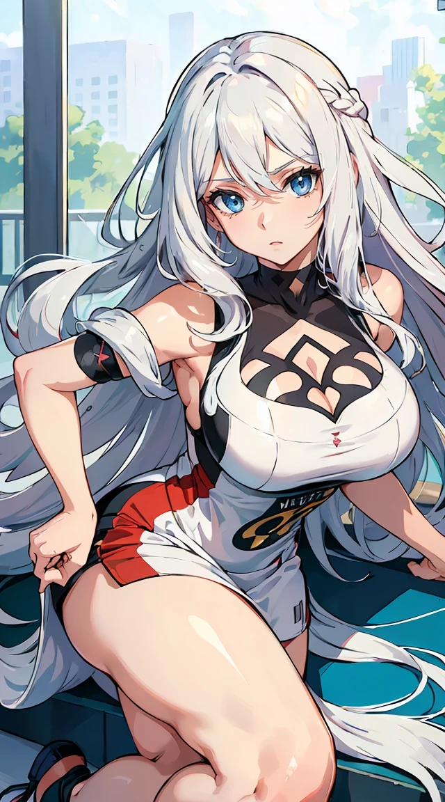 handsome mature woman，Long wavy white hair，Hyperresolution，accuracy，Detailed rendering，（Subtle facial image）（Image of fine hair）（topquality）（Masterpieces of masters）（High degree of completeness）（A sense of atmosphere）tmasterpiece，Super detailed and super detailed（half-body portrait）((Masterpiece, Highest quality)), Detailed face, CharacterDesignSheet, Full of details, Multiple poses and expressions, Highly detailed, Depth, Many parts，Beautiful，Extremely beautiful，High Balance, Natural light, drawn art style, white hair, curly hair down to ankles, ankle length hair, (((Ankle length hair))) (((thick hair))) (((pokemon trainer)))(((Pokemon gym leader))))(((Gym clothes)))(((Sporty outfit)))(((nO DRESS))) (((bAEBALL CAP)))(((Gym outfit)))(((Workout outfit)))(((Portrait)))(((Looking fierce)))(((Fierce expression)))