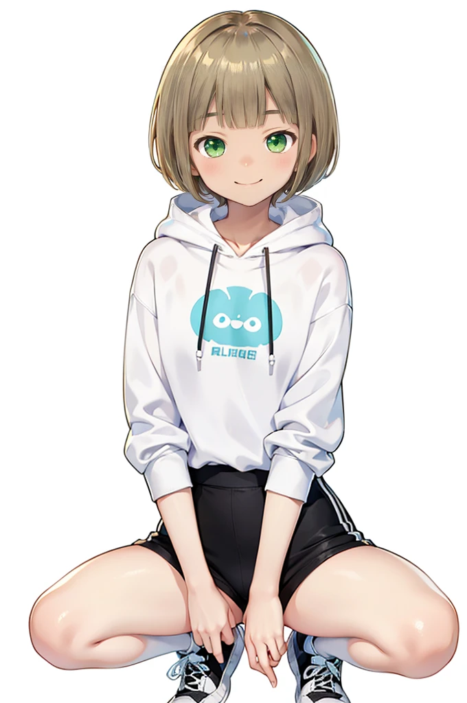 delicate、detailed、high quality、high resolution、４K、high quality、Turquoise Eyes、Short Mash Hair、Short Hair、Blonde Hair Color、Turquoise Eyes、White hoodie、Black hot pants、Black sneakers、, Low length，Thin thighs，small, Portraiture, girl，brown, Happy, small, 