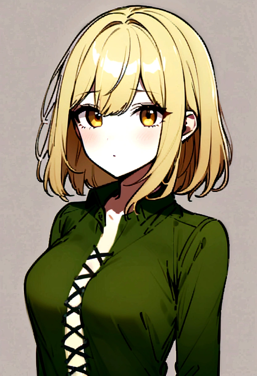 green leather shirt、Korean、1 girl、blonde、amount、Green Leather Shirt、Stand up your collar、Face Up、