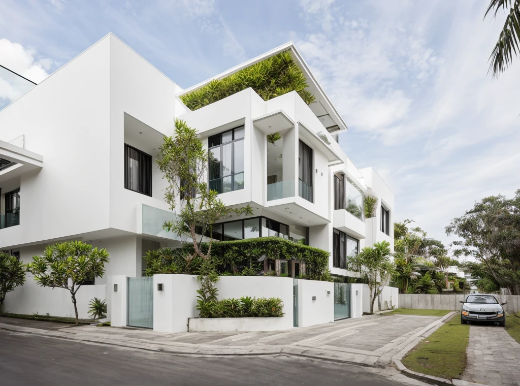 Raw photo,Masterpiece, high quality, best quality, authentic, super detail,
exterior, outdoors, house, modern style, white wall, glass windows, balcony, gate, minimalist line,
on the street vietnam,road,pavement, grass,tropical trees, sky,