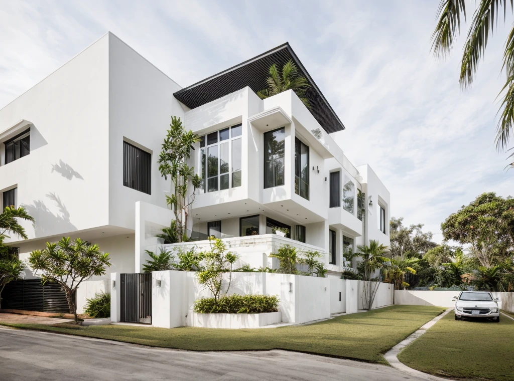 Raw photo,Masterpiece, high quality, best quality, authentic, super detail,
exterior, outdoors, house, modern style, white wall, glass windows, balcony, gate, minimalist line,
on the street vietnam,road,pavement, grass,tropical trees, sky,