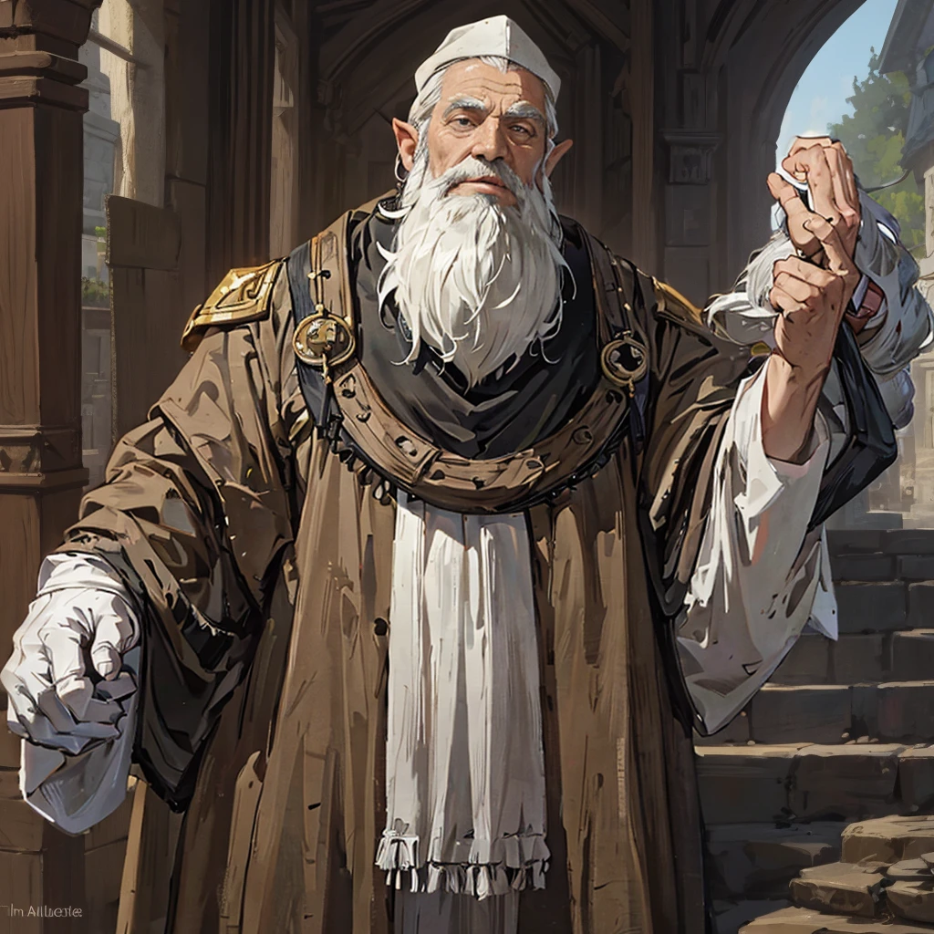 old wise dwarf with white beard in medieval outfit on the hall