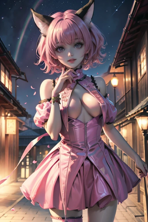 Momomiya Ichigo, Tokyo Mew Mew, roses, ornament hair, pink hair, short hair, maid, dress, maid apron, maid headdress, sky, rainbow colors in the aurora boreal, night, 1girl, dress, solo, flowing hair, floating hair, ornament hair, perfectly body, perfectly hands, on garden, petals, centered girl, pink dress, more details on her clothes, dress with transparency, golden details, daylight, smiling, cape, ((4k, masterpiece, top-quality)),8k, best quality, high resolution, HD, (illustration:0.8), super cute girl, delicate and beautiful face, mature girl, super cute hairstyle, (beautiful detailed eyes:1.6), extremely detailed face, perfect lighting, extremely detailed CG, (perfect hands, perfect anatomy), Best quality, cleavage, small skirt, full Body,