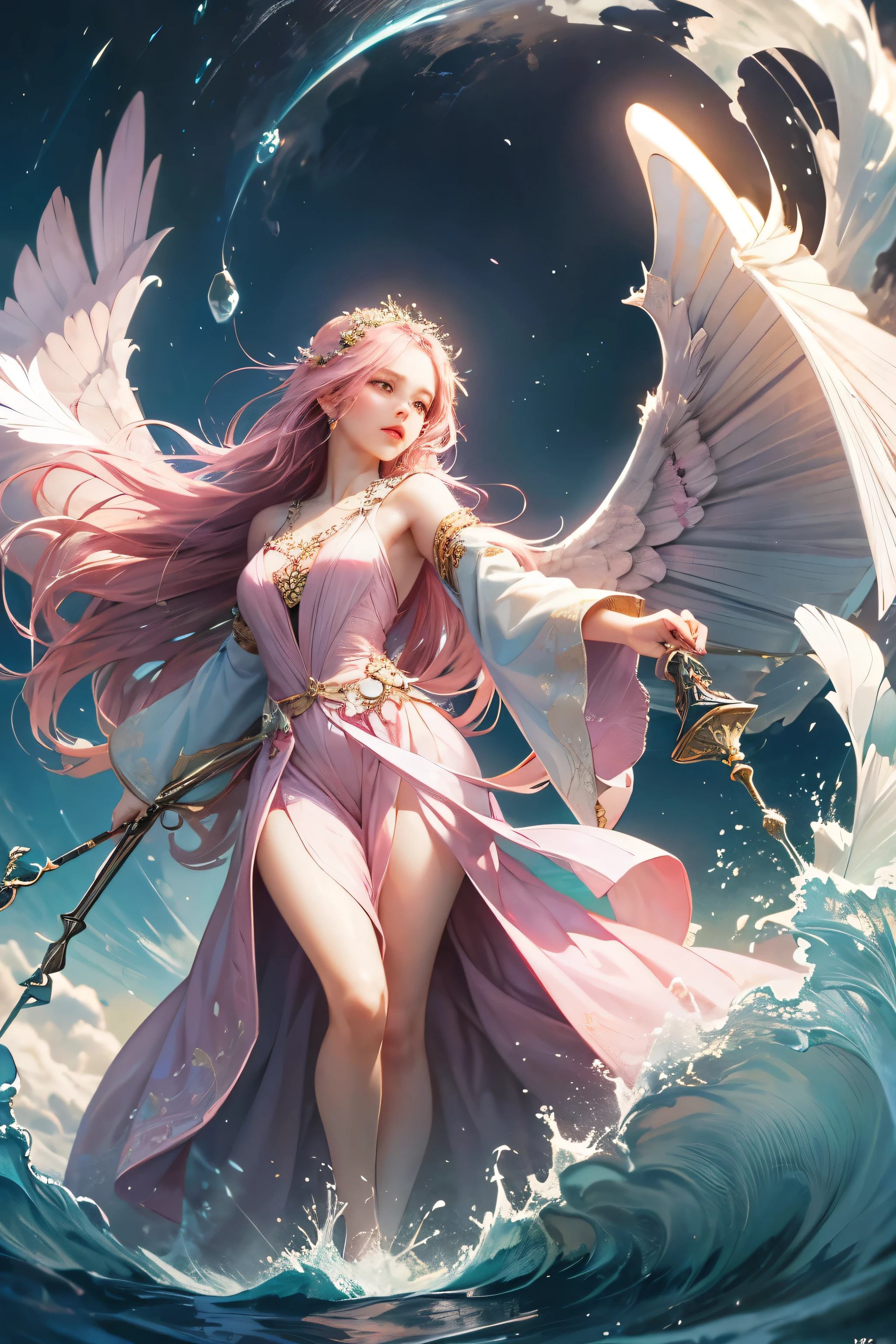 "Create an ultra-realistic image of a stunning 19-year-old female fairy with large, ethereal wings that ripple like gentle breezes. She should be holding an air magical staff that exudes the energy of air and wind, with swirling currents surrounding it. Dress her in a refined outfit with various shades of (((dark pink))), reflecting a delicate yet powerful connection to the element of air. Surround her with elements of air, such as swirling gusts and floating feathers, to highlight her mastery over this element. Incorporate a distinct air symbol or design on her body, indicating her role as the keeper of air and wind, showcasing the powerful airy energy she possesses within her."