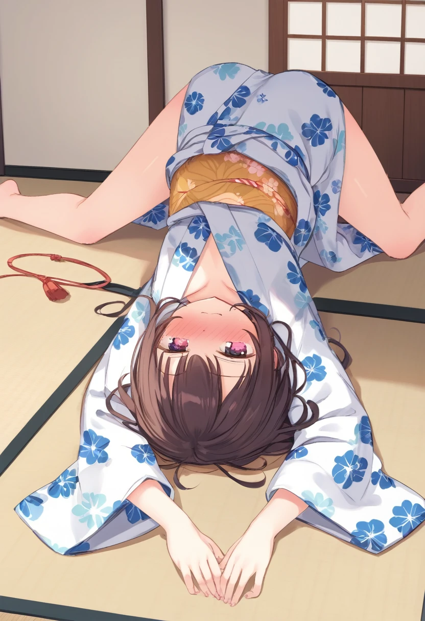 Cute beautiful girl、、From the back、A giant egg is coming out of her open anus、On all fours、naked、( Embarrassed blush:1.5)、Open yukata,