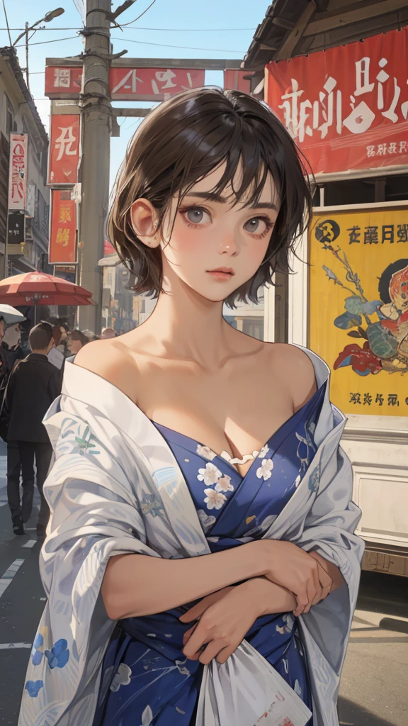 (perfect anatomy:1.2)(absurdres, highres, ultra detailed),masterpiece,best quality,high resolution,8k,Realistic face,Realistic skin texture,magnified textures, stunning clarity,detailed anime girl,(ultra detailed eyes and face),(:1.2),(baby face:1.se girl,floral printed blue yukata,、(very short hair, two side up:1.4)、tareme,light brown hair:1.2,kanzashi、glamor、short stature、、(bust up:1.4),Steampunk in the Edo Period、(Vivid hieroglyph signs and street advertisements:1.2)、busy、(worried1.4),、hieroglyph,souk、Shopping Street、,(tanned skin:1.3 ),big breasts,look up viewer,round face,Shoulder Bare,(from front:1.2),(cleavage cutout)