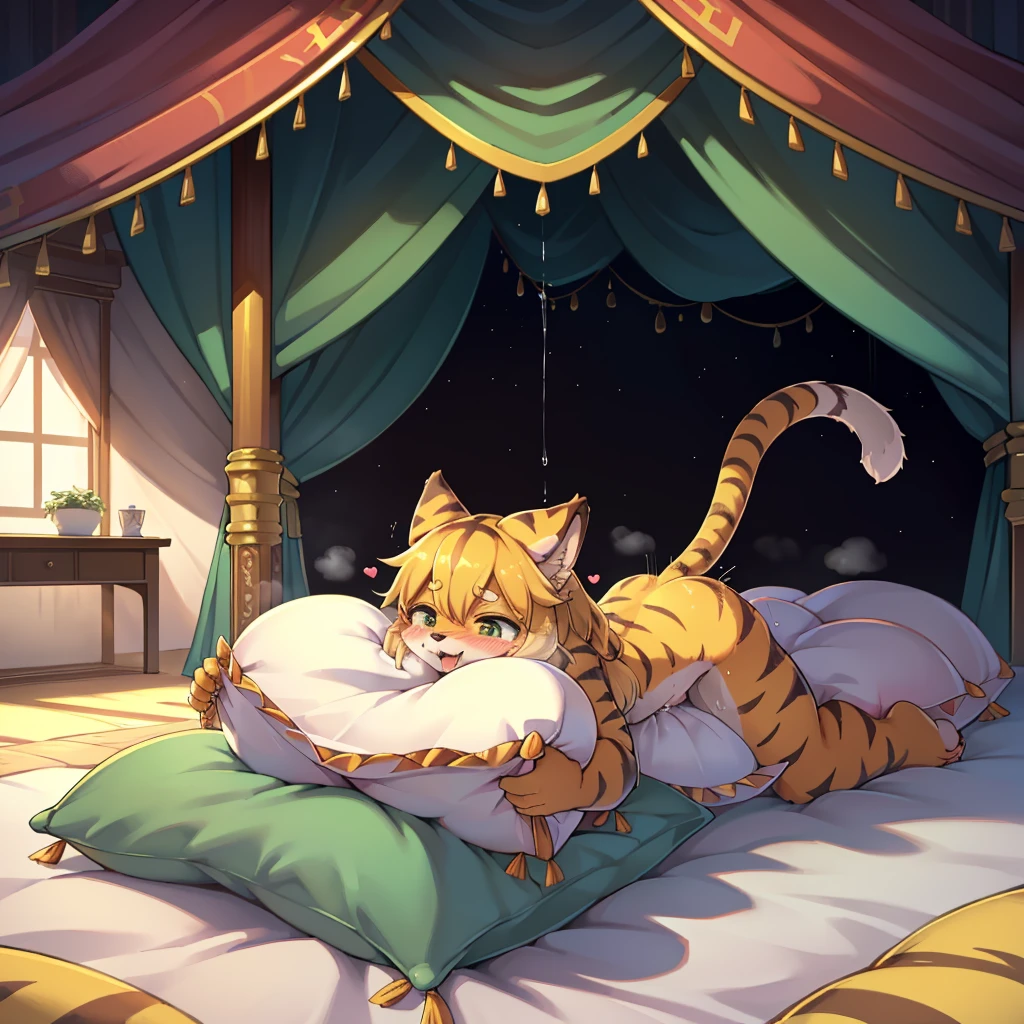 (masterpiece,best quality),my own, The Beast, , (适合任何Pillow背景的光影)), 穿着pajamas可爱女孩在Pillow上摆姿势 ,pajamas,Nature,, (blush),a smile,Pillow头,(很多Pillow),Soft cushion,(canopy bed),Soft pillow quotation,(Pillow损坏),很多Pillow,(Crotch rubbing),((Pillow驼峰)),(Pillow),(A tail),,(粉色Pillow),(Love around the protagonist),Steam,(Pillow头),(),(豪华Pillow),(Pillow),(palace),(Palace bedroom),(Pillow),柔软的Pillow,,(Classical European style bedroom ),(excited,shy person,Lack of expressiveness,),,pillow humping,mia,tiger tail,tiger ears,Tiger pattern,,Sweat,,Sweaty,Body swing,身体Shaking lines,Shaking lines,best quality, masterpiece, ((Maximum resolution)), artwork, ,,,(Interior of the palace),(In the bedroom at night),(Deluxe Rococo Canopy King Bed),On a big and spacious bed,(the 女孩 is lying on the bed),Before bedtime,,,Luxurious curtains with ornate ruffles and ribbons surround the bed,((((There are many pillows piled on the bed)))),Detail of Quilt,Detailed bed sheets,Ruffled Bed Skirt,Deep Bed,Background with depth,pajamas , ((((大量的Pillow)))),peeing,squatting,water,urine,Shaking lines,wetting pillows,Flowing liquid,Violent body shaking,剧烈Shaking lines,详细的软Pillow,,(女孩正躺在许多柔软的Pillow上,周围有许多Pillow),(Pillow上有液体),Sweat,saliva,Splashing urine,Pillow上和床上有水迹,ArIn,Tongue