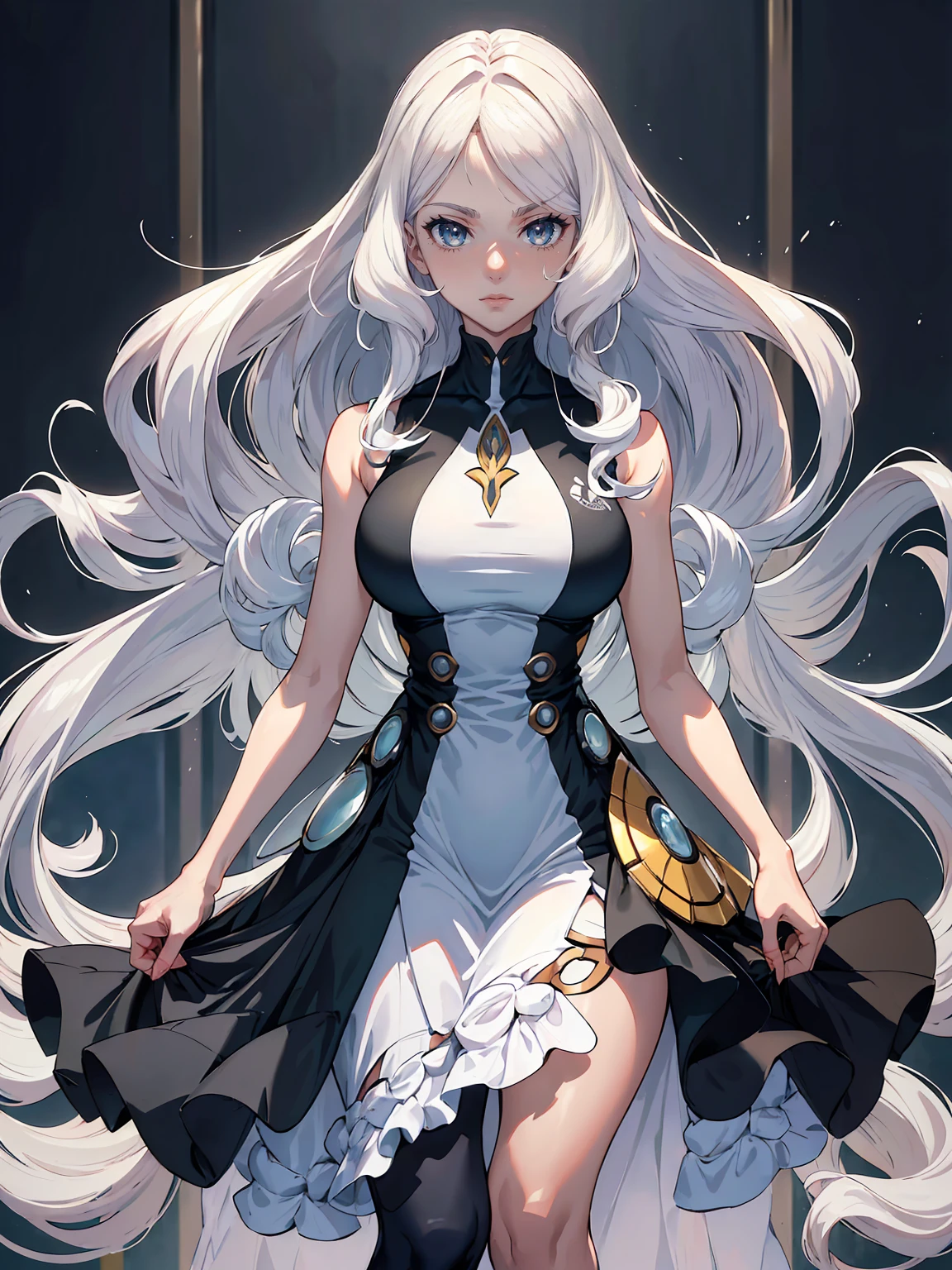 handsome mature woman,Long wavy white hair,Hyperresolution,accuracy,Detailed rendering,(Subtle facial image)(Image of fine hair)(topquality)(Masterpieces of masters)(High degree of completeness)(A sense of atmosphere)tmasterpiece,Super detailed and super detailed(half-body portrait)((Masterpiece, Highest quality)), Detailed face, CharacterDesignSheet, Full of details, Multiple poses and expressions, Highly detailed, Depth, Many parts,Beautiful,Extremely beautiful,High Balance, Natural light, drawn art style, white hair, curly hair down to ankles, ankle length hair, (((Ankle length hair))) (((thick hair))) (((pokemon trainer)))(((Pokemon gym leader))))(((Gym clothes)))(((Sporty outfit)))(((nO DRESS))) (((bAEBALL CAP)))(((Gym outfit)))(((Workout outfit)))(((Portrait)))(((Looking fierce)))(((Fierce expression)))