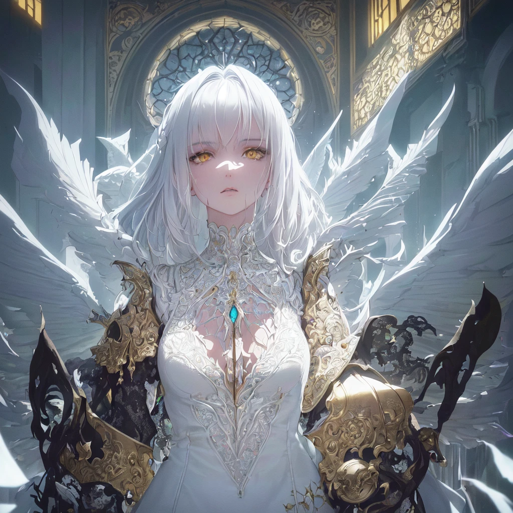 (Masterpiece:1.2), best quality, (illustration:1.2), (ultra-detailed), hyper details, (delicate detailed), (intricate details), (cinematic light, best quality Backlights), clear line, from below, solo, A Russian girl in her early 20s with ash grey hair, perfect body, (detailed background,dark fantasy), (beautiful detailed face),finely detailed beautiful eyes: 1.2,high contrast, (best illumination, an extremely delicate and beautiful), ((cinematic light)), colorful, hyper detail, dramatic light, intricate details,mature body,lustrous skin, (solo,white hair, sharp face,glowing yellow eyes, hair between eyes,dynamic angle), blood splatter, swirling black light around the character, depth of field,black light particles,(broken glass),embarassed,