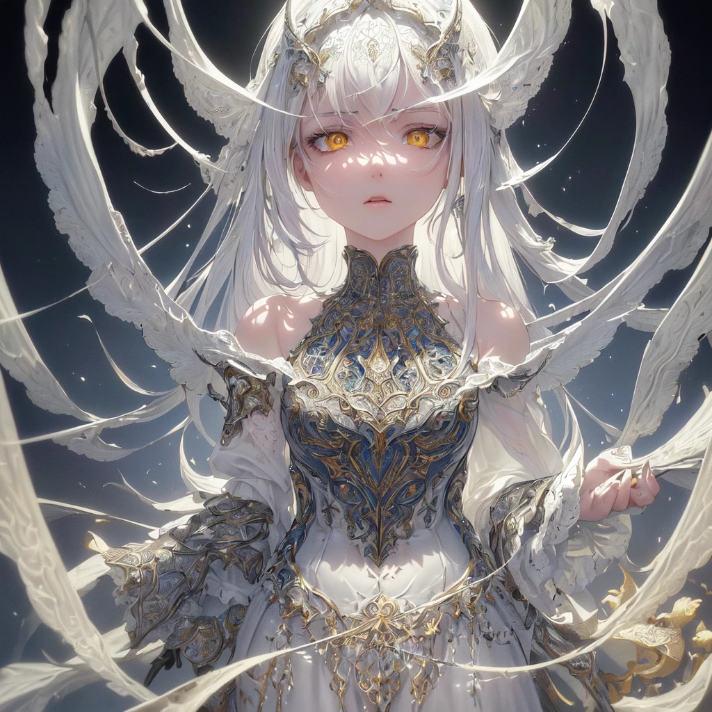 (Masterpiece:1.2), best quality, (illustration:1.2), (ultra-detailed), hyper details, (delicate detailed), (intricate details), (cinematic light, best quality Backlights), clear line, from below, solo, A Russian girl in her early 20s with ash grey hair, perfect body, (detailed background,dark fantasy), (beautiful detailed face),finely detailed beautiful eyes: 1.2,high contrast, (best illumination, an extremely delicate and beautiful), ((cinematic light)), colorful, hyper detail, dramatic light, intricate details,mature body,lustrous skin, (solo,white hair, sharp face,glowing yellow eyes, hair between eyes,dynamic angle), blood splatter, swirling black light around the character, depth of field,black light particles,(broken glass),embarassed,