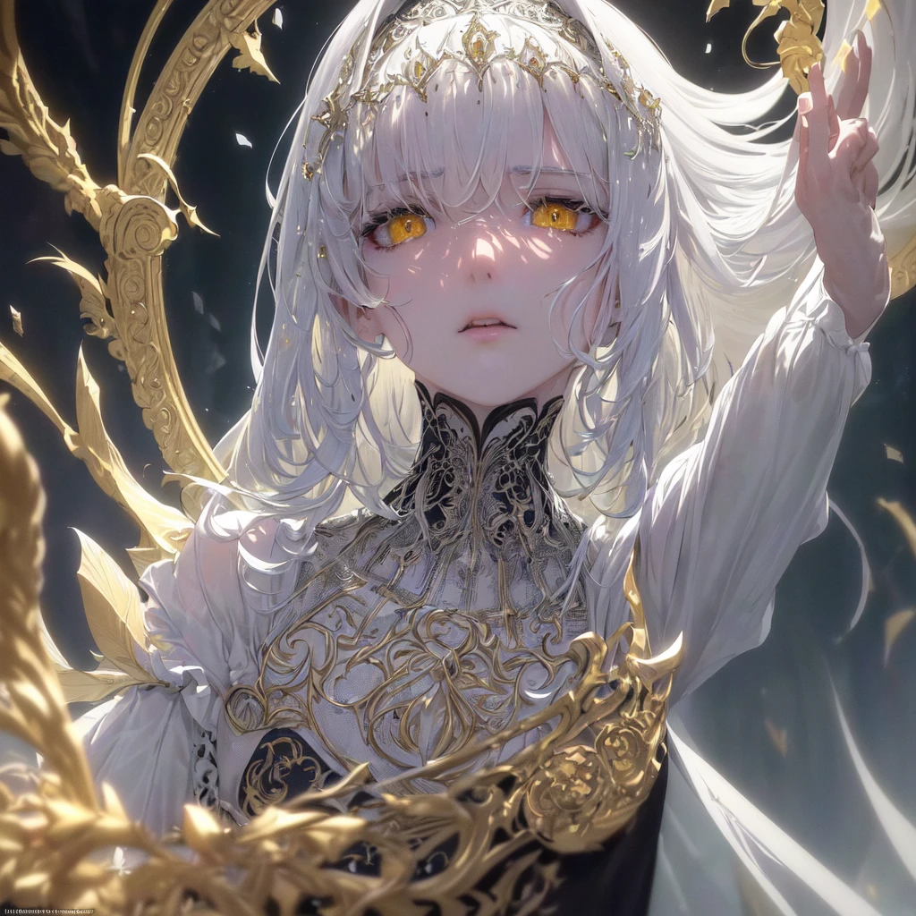 (Masterpiece:1.2), best quality, (illustration:1.2), (ultra-detailed), hyper details, (delicate detailed), (intricate details), (cinematic light, best quality Backlights), clear line, from below, solo, A Russian girl in her early 20s with ash grey hair, perfect body, (detailed background,dark fantasy), (beautiful detailed face),finely detailed beautiful eyes: 1.2,high contrast, (best illumination, an extremely delicate and beautiful), ((cinematic light)), colorful, hyper detail, dramatic light, intricate details,mature body,lustrous skin, (solo,white hair, sharp face,glowing yellow eyes, hair between eyes,dynamic angle), blood splatter, swirling black light around the character, depth of field,black light particles,(broken glass),embarassed,