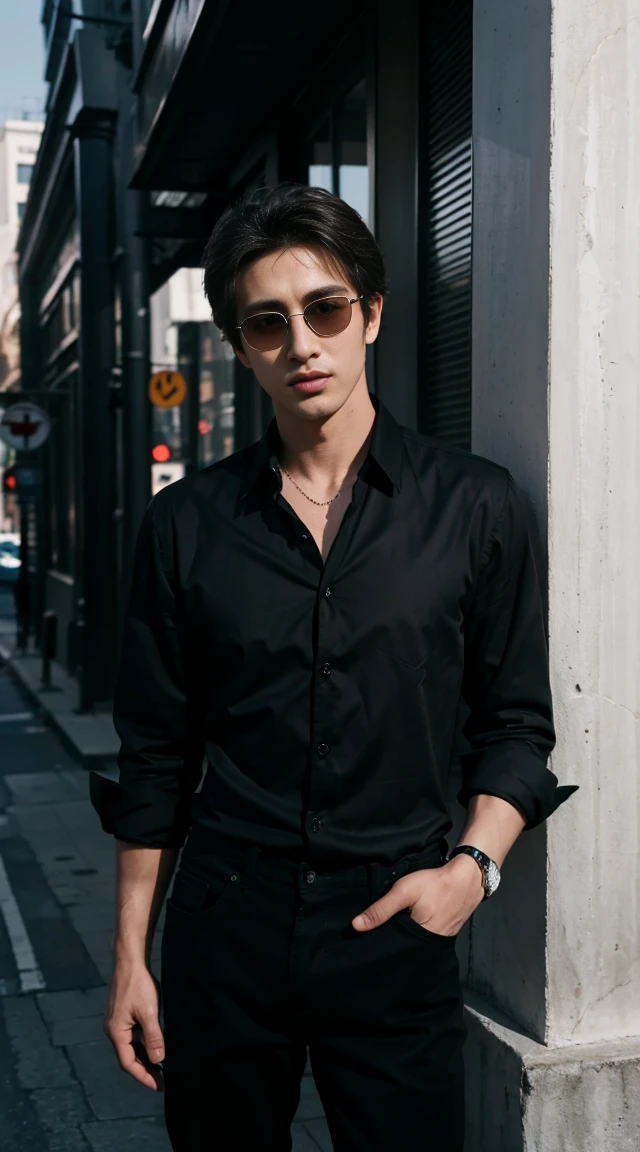 Handsome Boy , Black Shirt upper buttons open , black pant , black Sunglasses, morning street Background