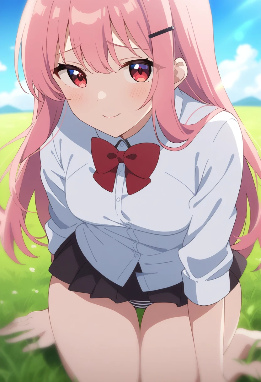 1girl, solo, anime coloring,
long hair, pink hair, red eyes, seductive smile, small breasts, white shirt, red bowtie, hairclip,
field, blue sky,
masterpiece, best quality, very aesthetic, absurdres,Skirt fully visible、Stripes々Panties、Panties丸見え