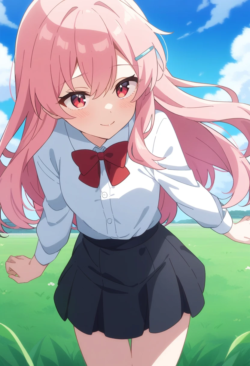1girl, solo, anime coloring,
long hair, pink hair, red eyes, seductive smile, small breasts, white shirt, red bowtie, hairclip,
field, blue sky,
masterpiece, best quality, very aesthetic, absurdres,Skirt fully visible、Stripes々Panties、Panties丸見え