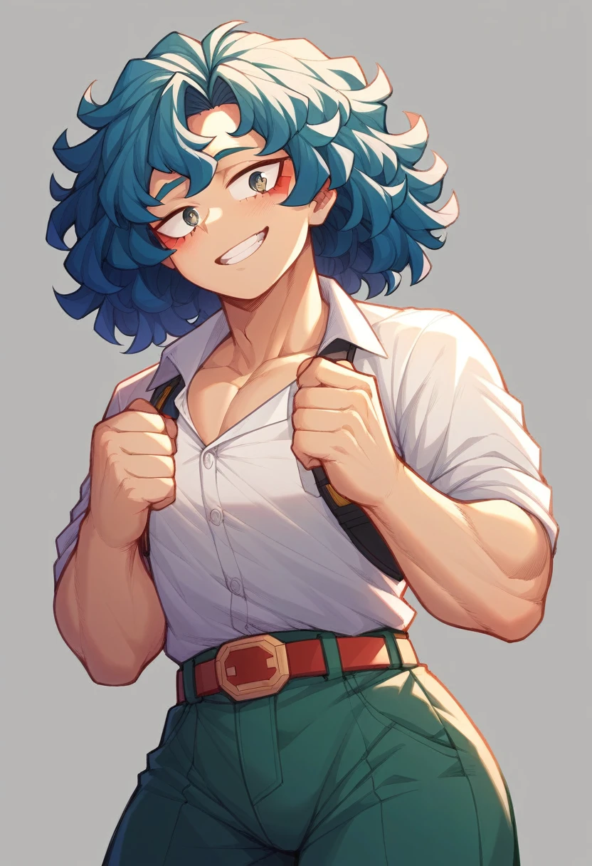 My hero academia, pelo blanco con rojo, ojos de color blangos y azules con el uniforme de la ua