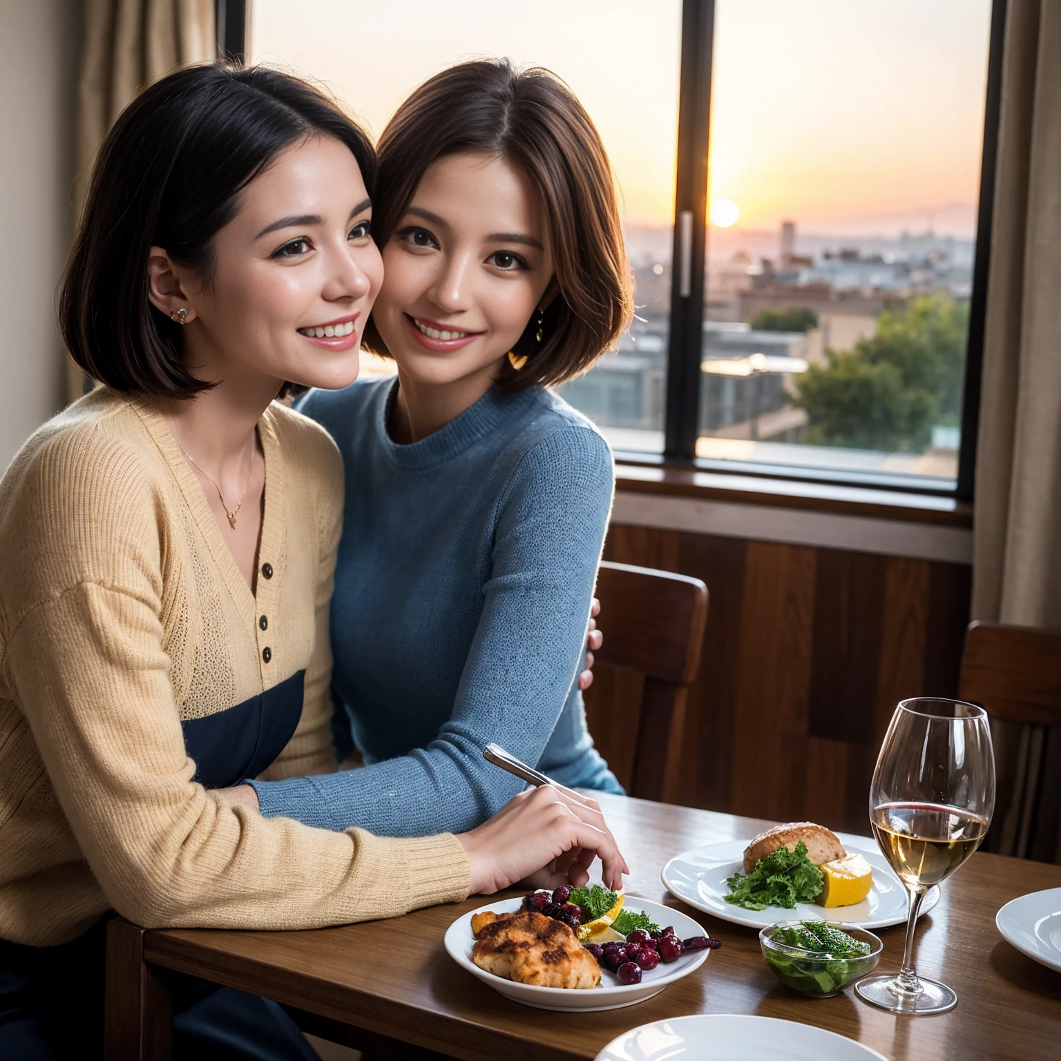 ((Highest quality、8k、masterpiece:1.3))、 (Genuineistic, Genuine、Bright image、Intricate details:1.2), 最高のsmile、1 male 1 female、Beautiful couple、spouse、fiancee、Good friends、actress couple、smile、A full-course dinner with a full table、 (Slim face), (the body is slim), (Brown Hair), (short hair), テーブルのwine glass、Please shine a light on my face、 Amazing view of the sunset sky and clouds、 (42 years old)38 years old, red wine 、Wine bottle、sparkling wine、Long sleeve shirt、Blue Dress、White wine, red wine, wine glass, 