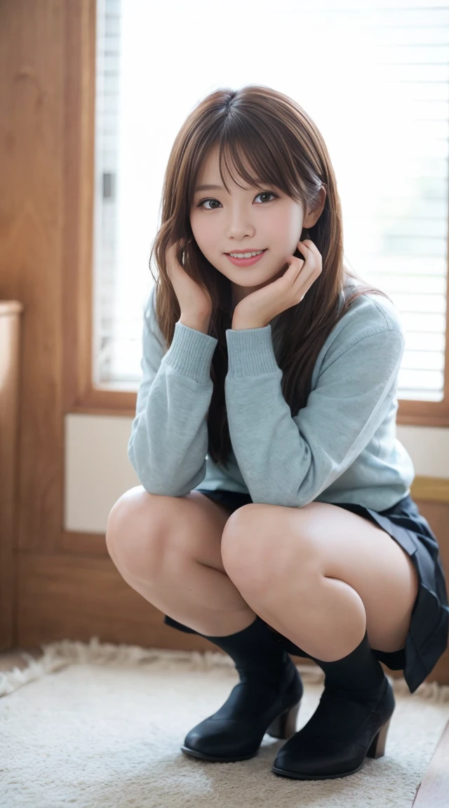 (Happy expression:1.26)、RAW Photos、(((The ultimate beauty full-body photo)))、((Glowing Skin))、1 Girl、25 year old beautiful girl from Prague、Bright expression、((Brown haired))、Girl in sweatshirt、Checkered Pleated Skirt、View from the floor、(Long stockings or pantyhose)、(Pull up your skirt yourself)、Big Breasts、Spread your legs、Squat、Showing panties、((Very detailedな))、(Perfectly detailed face)、(Fine hand)、(Finger details)、(Superior human structure)、Photorealistic images、最high quality、Very detailedな、Film Light、Intricate details、High resolution、Very detailed))、Detailed Background、8 QHD、Digital single-lens reflex camera、Soft Light、high quality、Film Grain、Fujifilm XT3 、Shallow depth of field、natural Soft Light、Kamimei、
