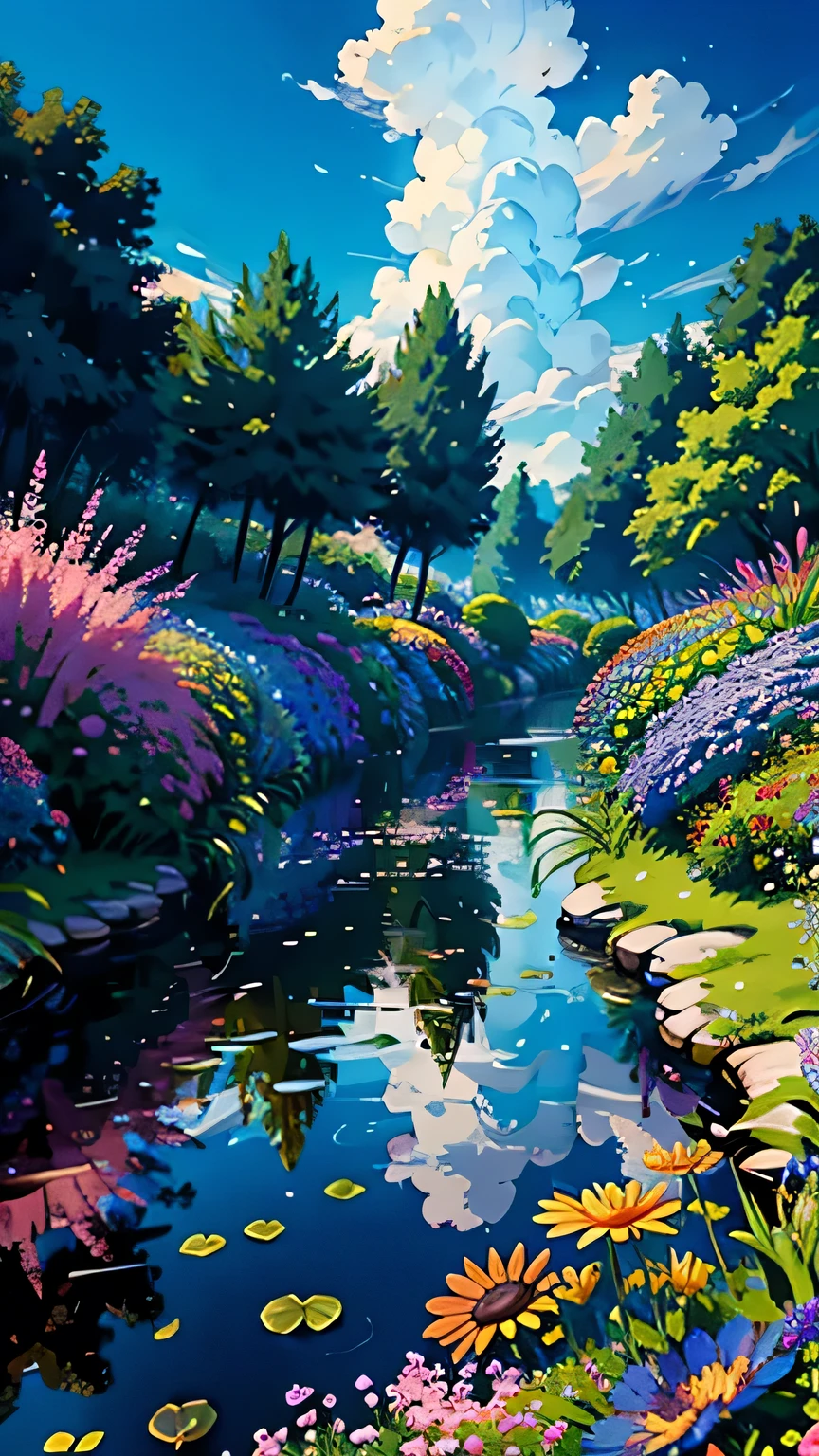 wallpaper, Fantasy sky garden, blue sky, Floating Sea of Flowers, Colorful flowers. Crystal Fountain, HD detailed, Super detailed, Cinematic, Surrealism, Soft Light, Deep focus bokeh, Ray Tracing, Spread (Ultrafine glass reflection), Hyperrealism. - At six o'clock