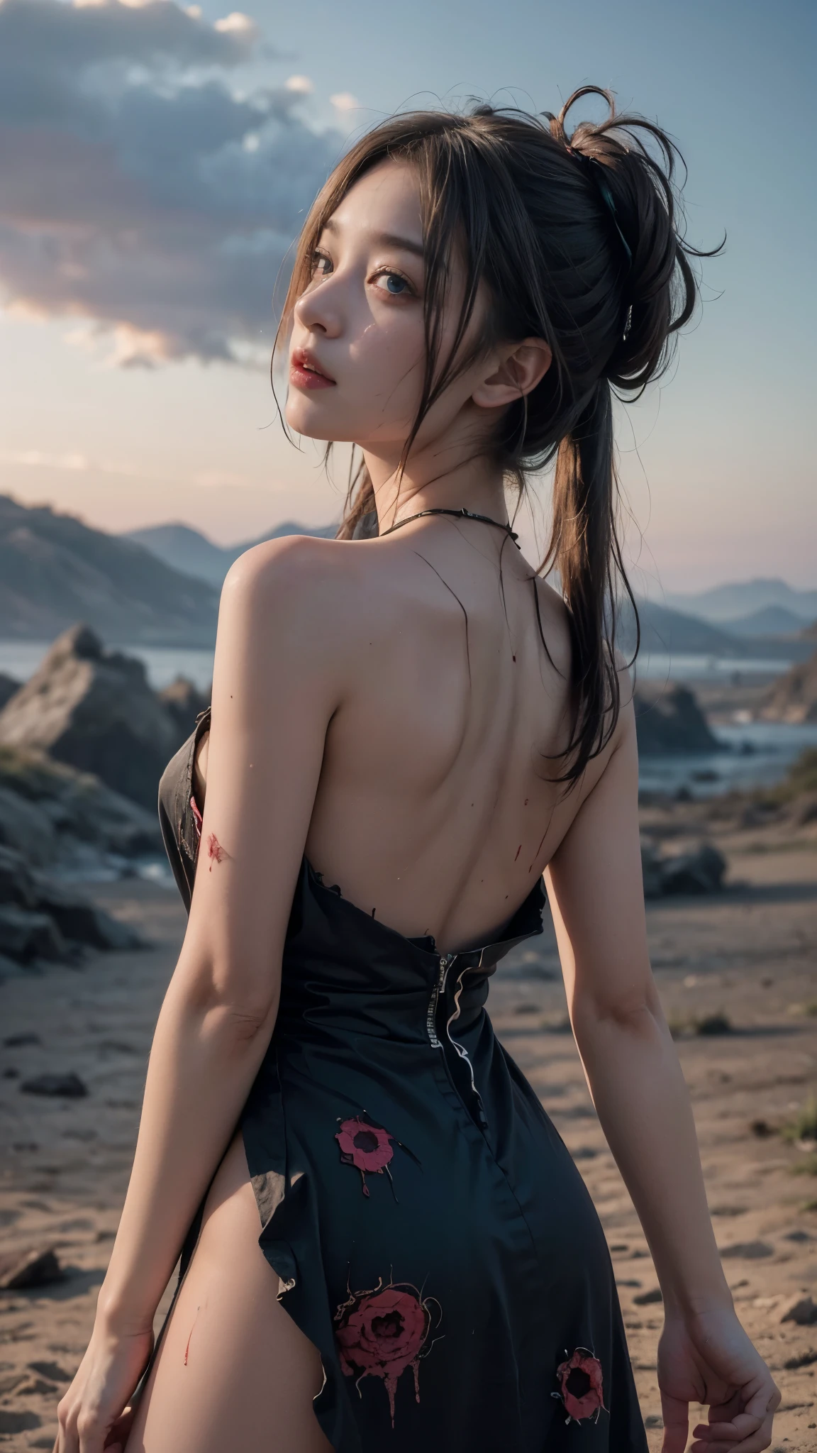 (((A landscape like the end of the world, A girl is desperately running away))), (In a ripped and tattered dress), Dirty body, (Blood on the dress:1.2), beautiful girl, :1.3, (Highest quality, 8k, masterpiece), (Detailed eyes and face:1.3), (Detailed hands)