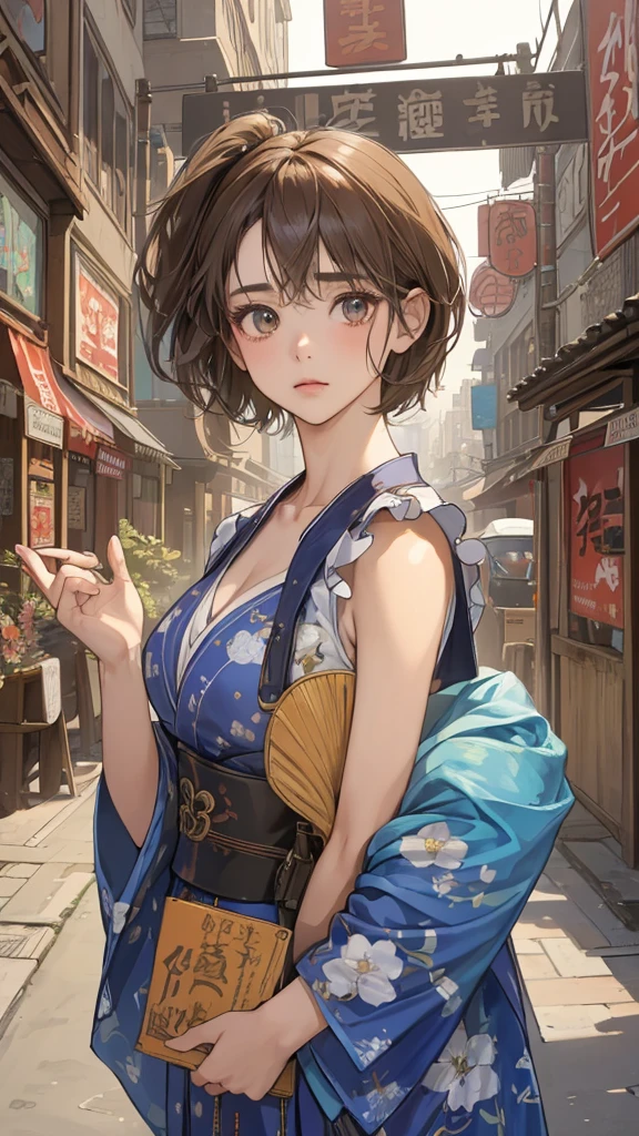 (perfect anatomy:1.2)(absurdres, highres, ultra detailed),masterpiece,best quality,high resolution,8k,Realistic face,Realistic skin texture,magnified textures, stunning clarity,detailed anime girl,(ultra detailed eyes and face),(:1.2),(baby face:1.se girl,floral printed blue yukata,、(very short hair, two side up:1.4)、tareme,light brown hair:1.2,kanzashi、glamor、short stature、、(bust up:1.4),Steampunk in the Edo Period、(Vivid hieroglyph signs and street advertisements:1.2)、busy、(worried1.4),、hieroglyph,souk、Shopping Street、,(tanned skin:1.3 ),big breasts,look up viewer,round face,Shoulder Bare,(from front:1.2),(cleavage cutout)