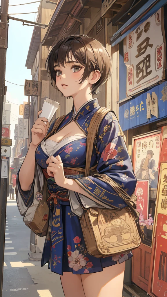 (perfect anatomy:1.2)(absurdres, highres, ultra detailed),masterpiece,best quality,high resolution,8k,Realistic face,Realistic skin texture,magnified textures, stunning clarity,detailed anime girl,(ultra detailed eyes and face),(:1.2),(baby face:1.2),japanese girl,floral printed blue yukata,、(very short hair, two side up:1.4)、tareme,light brown hair:1.2,kanzashi、glamor、short stature、、(bust up:1.4),Steampunk in the Edo Period、(Vivid hieroglyph signs and street advertisements:1.2)、busy、(worried1.4),、hieroglyph,souk、Shopping Street、,(tanned skin:1.3 ),big breasts,look up viewer,round face,Shoulder Bare,(from front:1.2),(cleavage cutout)