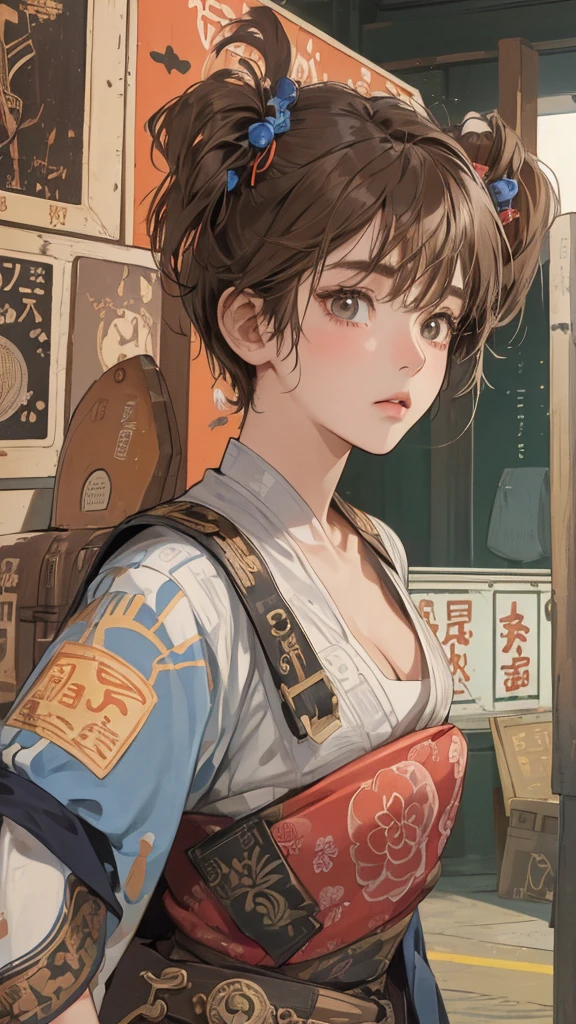 (perfect anatomy:1.2)(absurdres, highres, ultra detailed),masterpiece,best quality,high resolution,8k,Realistic face,Realistic skin texture,magnified textures, stunning clarity,detailed anime girl,(ultra detailed eyes and face),(14 years old:1.2),(baby face:1.2),japanese girl,floral printed blue yukata,、(very short hair, two side up:1.4)、tareme,light brown hair:1.2,kanzashi、glamor、short stature、、(bust up:1.4),Steampunk in the Edo Period、(Vivid hieroglyph signs and street advertisements:1.2)、busy、(worried1.4),、hieroglyph,souk、Shopping Street、,(tanned skin:1.3 ),big breasts,look up viewer,round face,Shoulder Bare,(from front:1.2),(cleavage cutout)