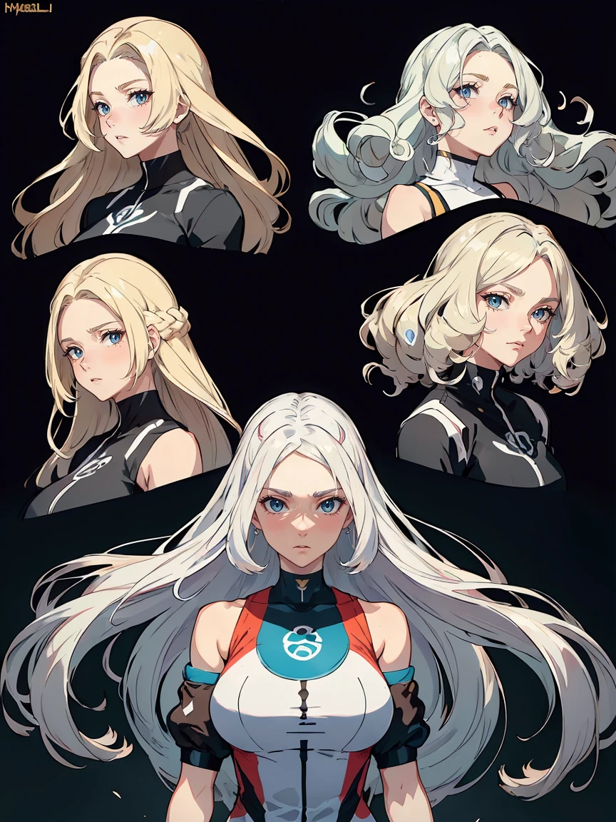 handsome mature woman,Long wavy white hair,Hyperresolution,accuracy,Detailed rendering,(Subtle facial image)(Image of fine hair)(topquality)(Masterpieces of masters)(High degree of completeness)(A sense of atmosphere)tmasterpiece,Super detailed and super detailed(half-body portrait)((Masterpiece, Highest quality)), Detailed face, CharacterDesignSheet, Full of details, Multiple poses and expressions, Highly detailed, Depth, Many parts,Beautiful,Extremely beautiful,High Balance, Natural light, drawn art style, white hair, curly hair down to ankles, ankle length hair, (((Ankle length hair))) (((thick hair))) (((pokemon trainer)))(((Pokemon gym leader))))(((Gym clothes)))(((Sporty outfit)))(((nO DRESS))) (((bAEBALL CAP)))(((Gym outfit)))(((Workout outfit)))(((Portrait)))(((Looking fierce)))(((Fierce expression)))