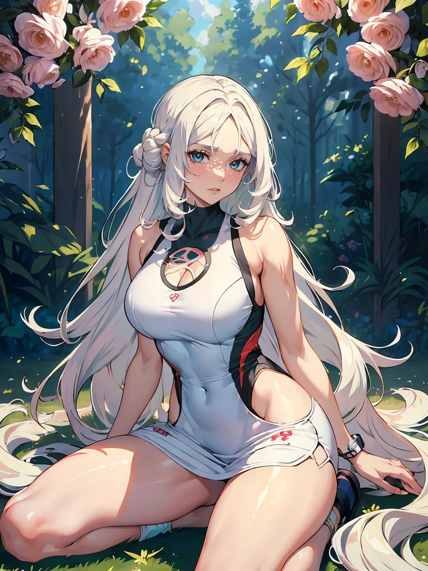 handsome mature woman,Long wavy white hair,Hyperresolution,accuracy,Detailed rendering,(Subtle facial image)(Image of fine hair)(topquality)(Masterpieces of masters)(High degree of completeness)(A sense of atmosphere)tmasterpiece,Super detailed and super detailed(half-body portrait)((Masterpiece, Highest quality)), Detailed face, CharacterDesignSheet, Full of details, Multiple poses and expressions, Highly detailed, Depth, Many parts,Beautiful,Extremely beautiful,High Balance, Natural light, drawn art style, white hair, curly hair down to ankles, ankle length hair, (((Ankle length hair))) (((thick hair))) (((pokemon trainer)))(((Pokemon gym leader))))(((Gym clothes)))(((Sporty outfit)))(((nO DRESS))) (((bAEBALL CAP)))(((Gym outfit)))(((Workout outfit)))(((Portrait)))(((Looking fierce)))(((Fierce expression)))