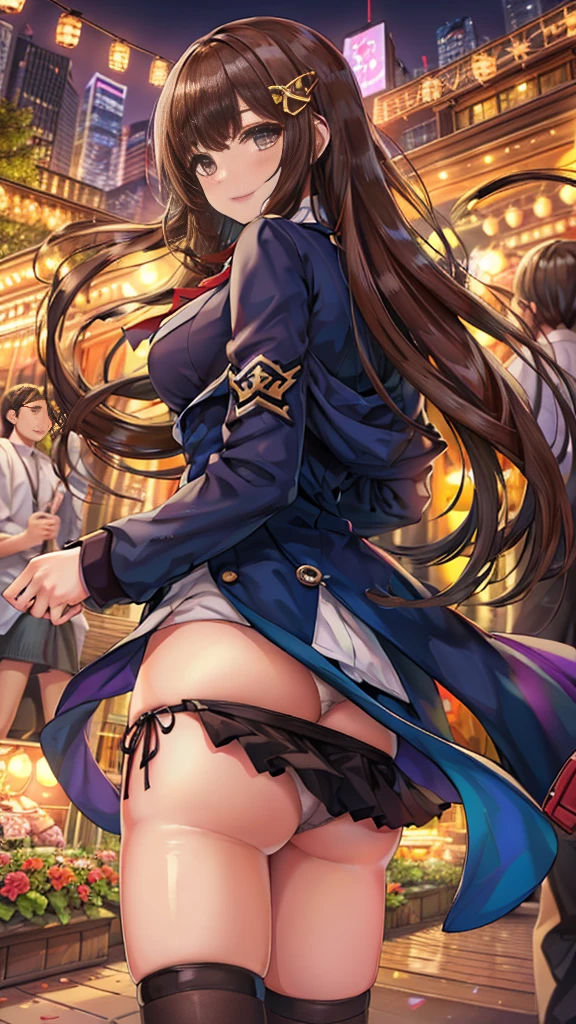{Highest quality], [Super beautiful], [Ultra fine], [Best illustration], NSFW,Brown Hair, Hime cut, Long Hair, With bangs, girl,high school student,uniform,knit,smile, blush, Slender women, Adult women,Standing posture,(Public),Night Park,Summer festival,diagonal, Navy blue knee socks,Black Loafers、Stripes々Panties、Without skirt、Panties in full view、From the back