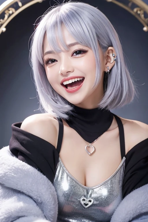 Character portrait、Laugh heartily、Silver Hair、cute、Poisonous tongue、off shoulder white t-shirt、