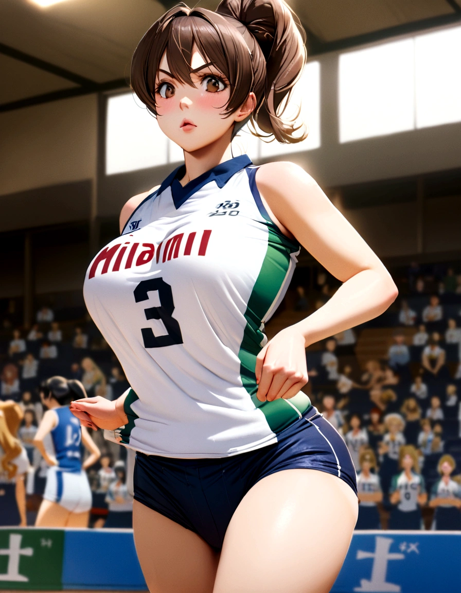 A woman in her 50s running on the court in a volleyball uniform, Wearing a volleyball jersey, Japanese Model, mayuri shiina, chiho ashima, deAyami kojima, Ayami, kiyoko suzuki, Nishimiya Shoko, marin kitagawa, Huge and stunning goddess shots, Maya Takamura, Chiho Aoshima, Perfect expression