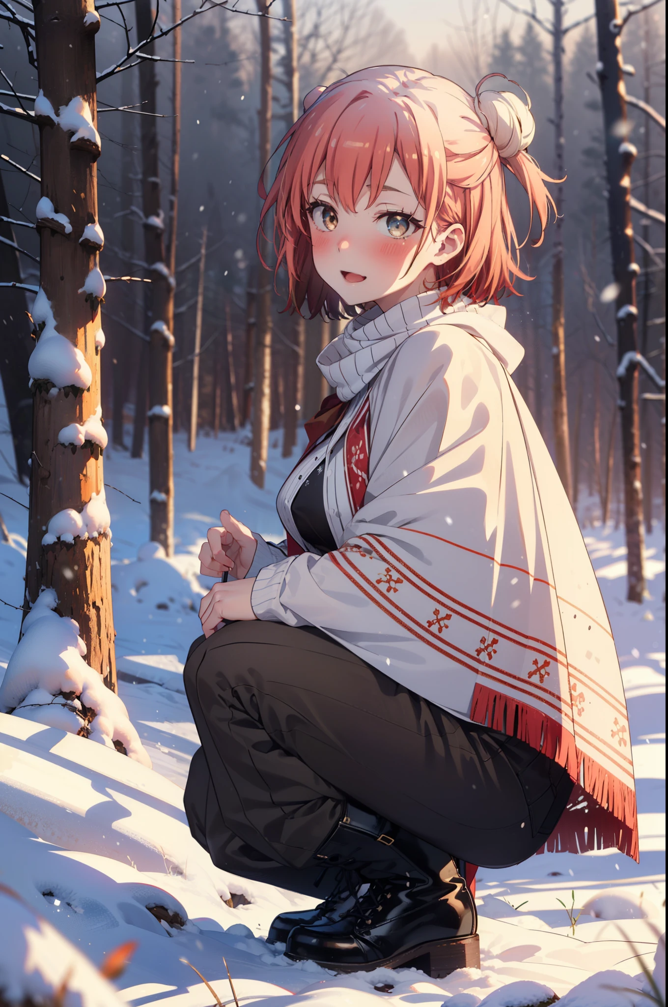 yuiyuigahama, yui yuigahama, short hair, (Brown eyes:1.5), (Pink Hair:1.2), Hair Bun, single Hair Bun, smile, (Big Breasts:1.2),smile,blush,White Breath,
Open your mouth,snow,Ground bonfire, Outdoor, boots, snowing, From the side, wood, suitcase, Cape, Blurred, forest, White handbag, nature,  Squat, Mouth closed,Cape, winter, Written boundary depth, Black shoes, red Cape break looking at viewer, Upper Body, whole body, break Outdoor, forest, nature, break (masterpiece:1.2), Highest quality, High resolution, unity 8k wallpaper, (shape:0.8), (Beautiful and beautiful eyes:1.6), Highly detailed face, Perfect lighting, Highly detailed CG, (Perfect hands, Perfect Anatomy),