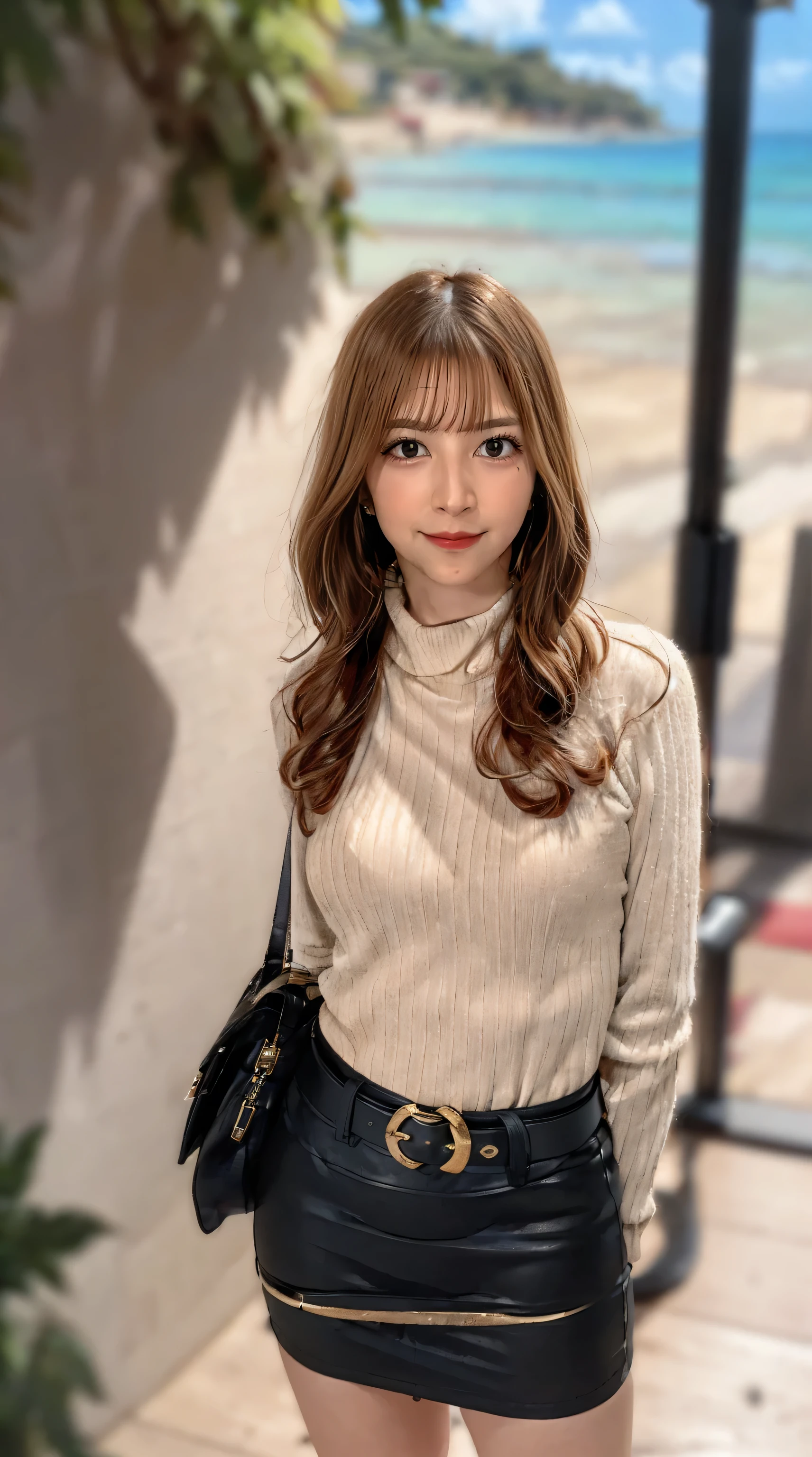 masterpiece, best quality, 4K, ultra-detailed, photorealistic, (1 girl), (A fascinating eye for perfect detail:1.2), smirk, (medium brown hair), ((center parted hair)), ((white ribbed sweater)), (black leather skirt), (black belt with gold buckle), (standing in the beach), (front view), (full body), (in the sea)