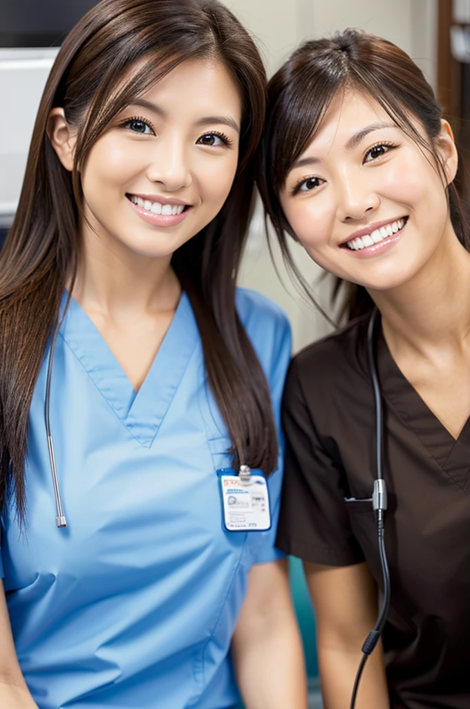 Dental hygienist, only two women Side by side, smiling, wearing medical scrubs Brown, short sleeves, cute, Japanese, black hair, 20s Upper body close-up high resolution Highest quality